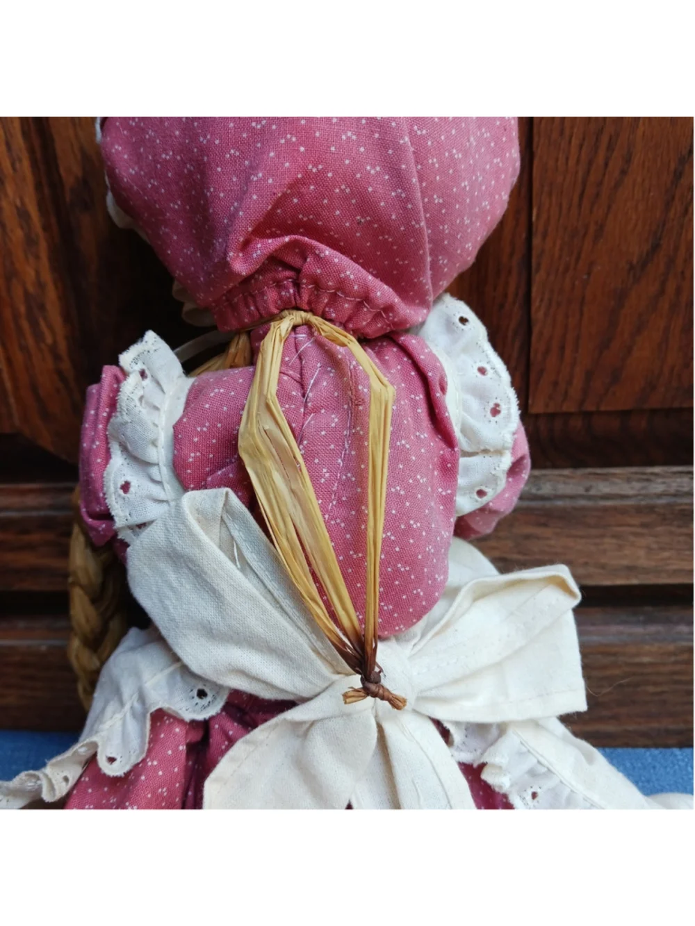 VTG Cottagecore Straw Doll Pink Calico Braids Basket 16